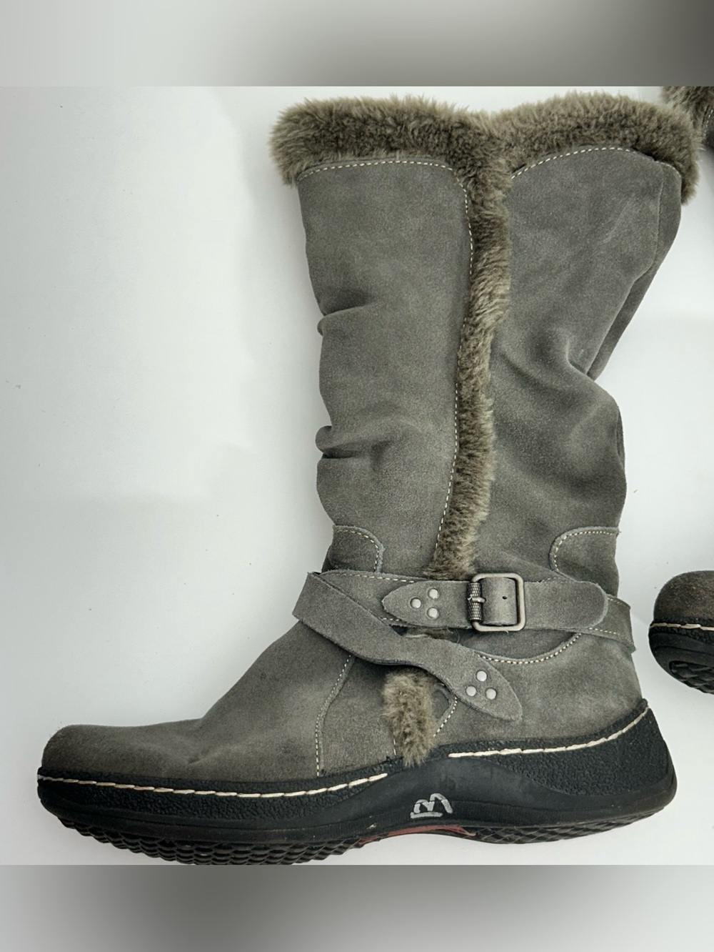 BareTraps Gray Suede Faux-Fur Mid-Calf Winter Boots Buckle Strap Zipper Size 8.5